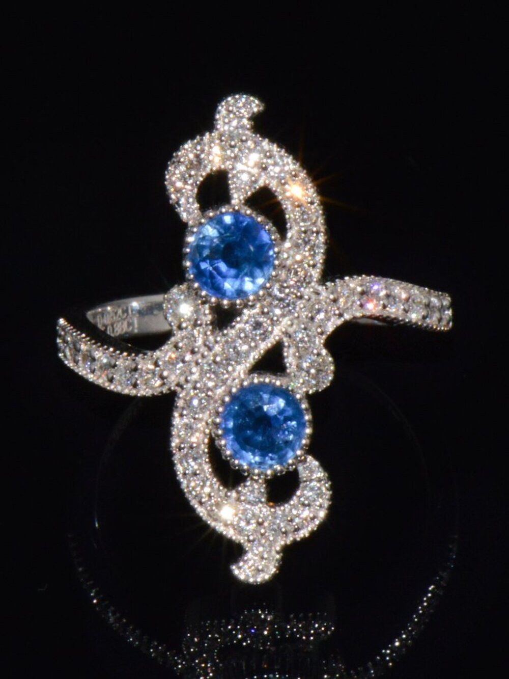Certified Natural 1.40CTS Diamond & Sapphire 18K Solid White Gold Filigree Ring